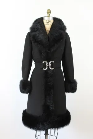 1960s black FAUX FUR belted coat medium | new winter