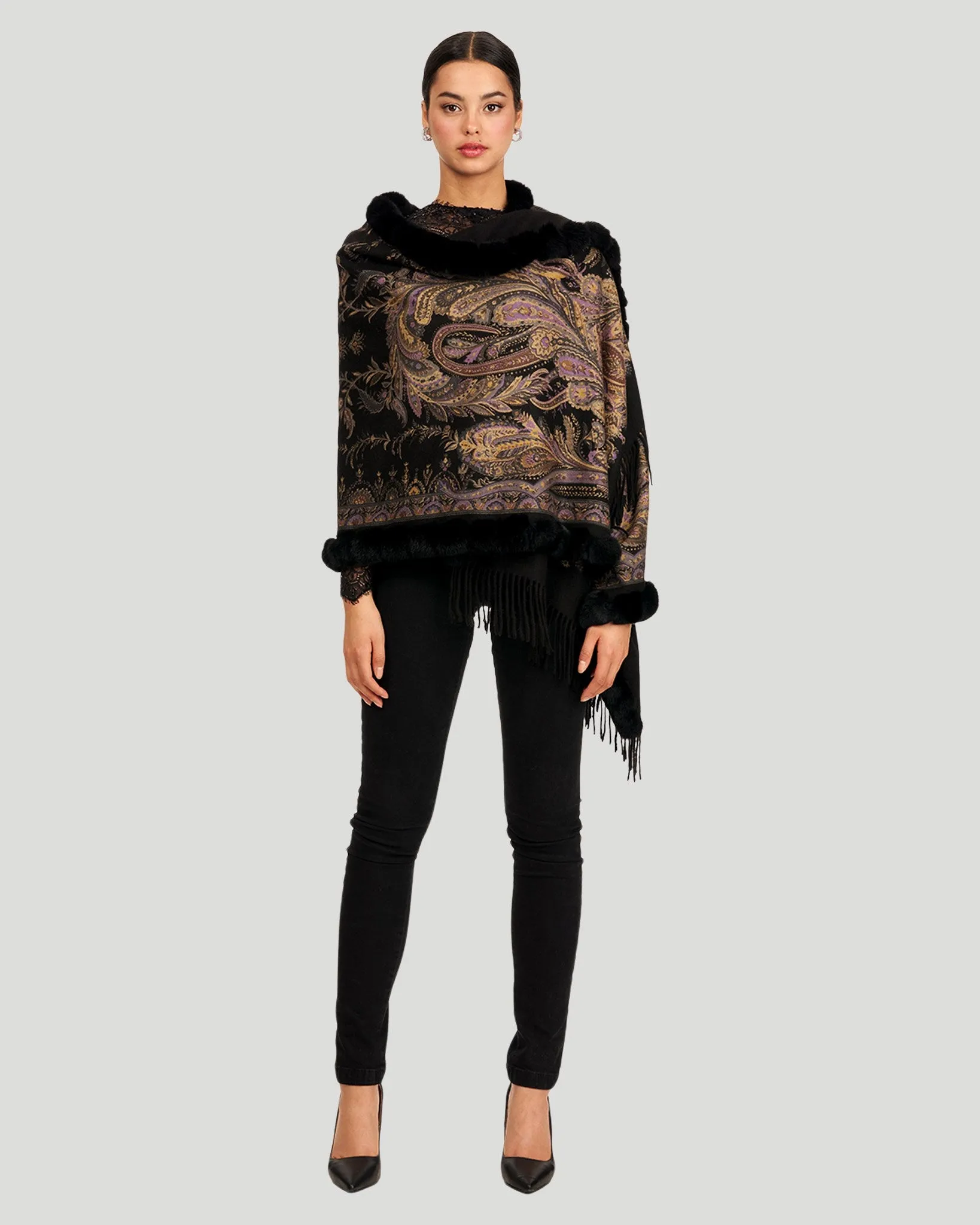 Double Face Cashmere Stole with Rex Rabbit Trim