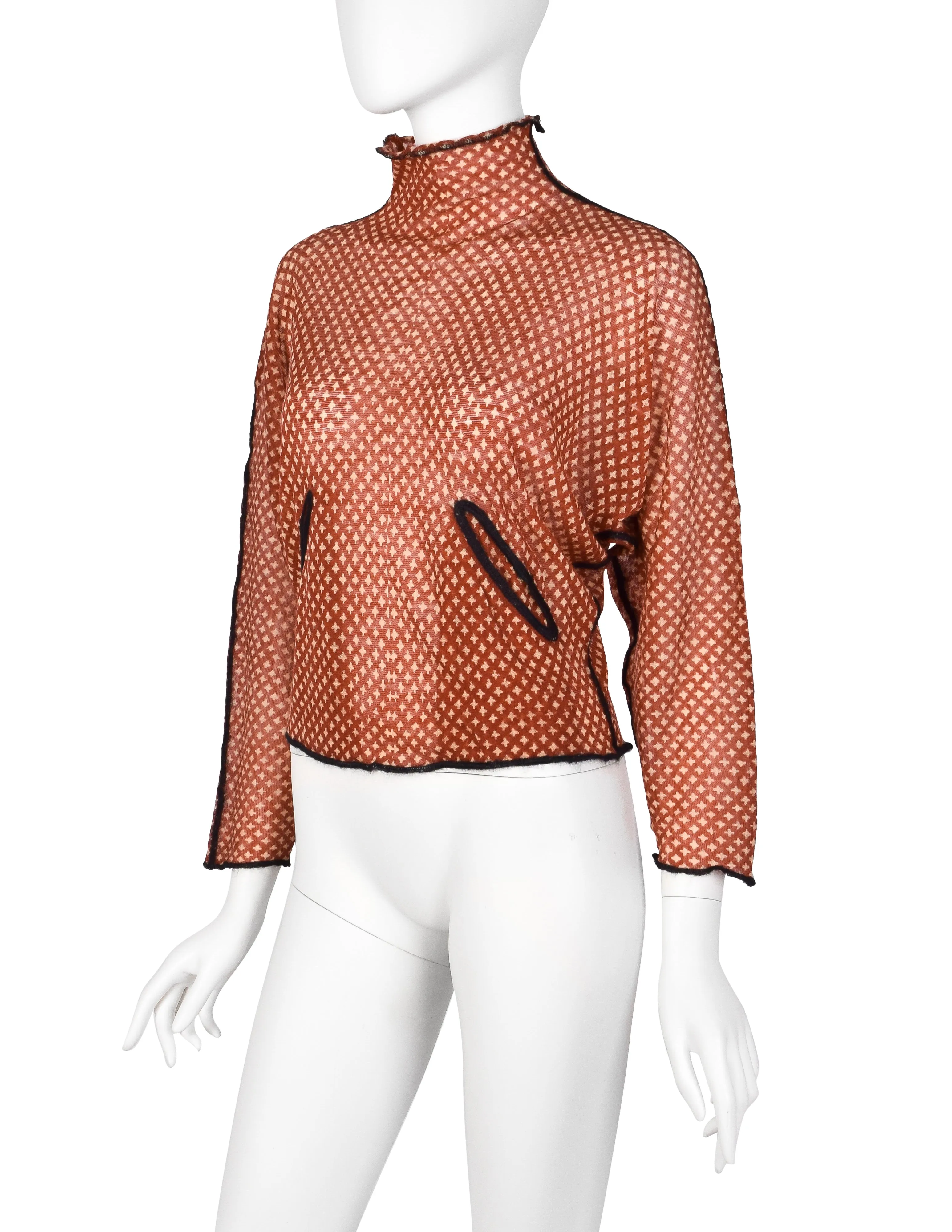 Jean Paul Gaultier Vintage AW 2000 Red Beige Star Print Sheer Wool Cropped Sweater