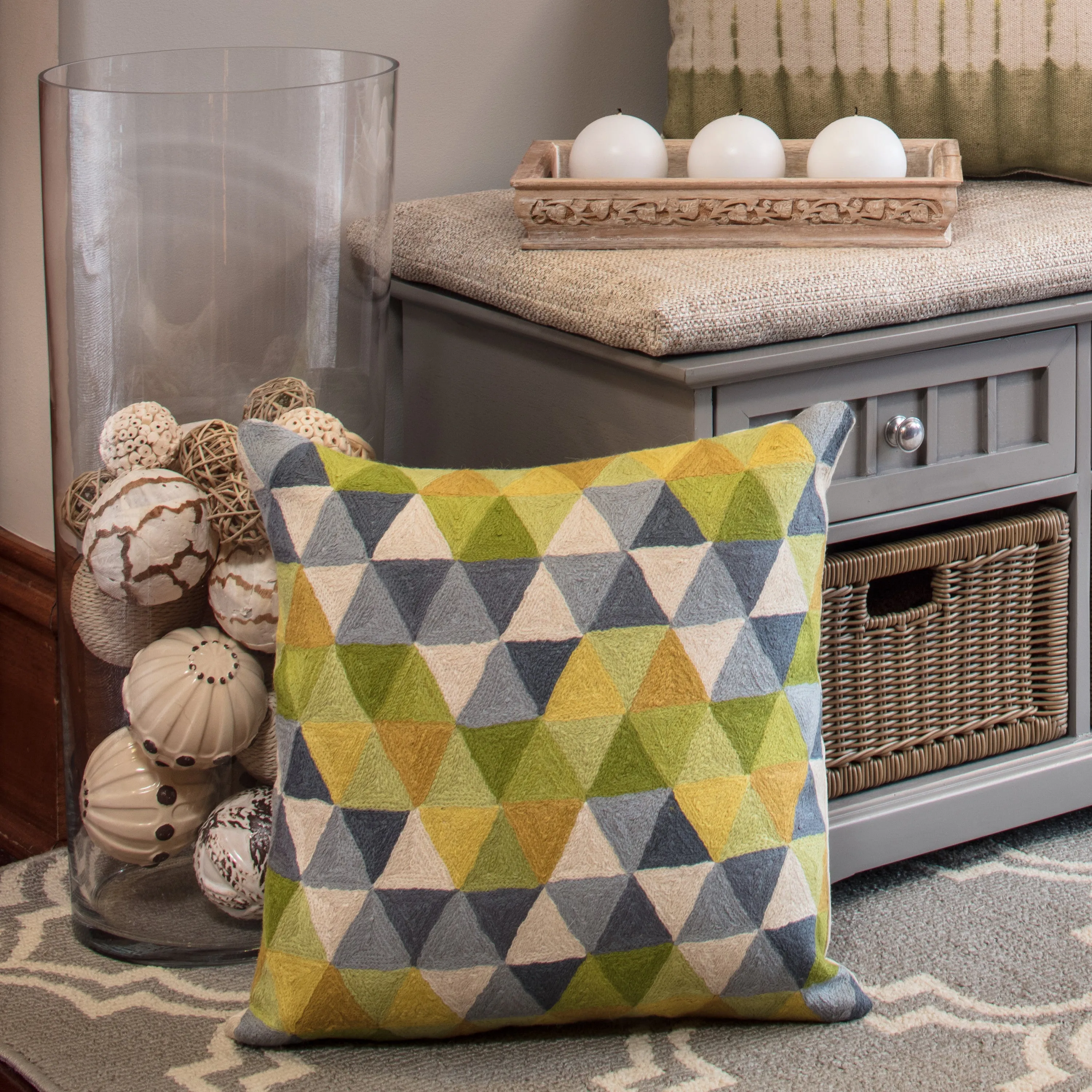 Triangle Grid Green-Grey 16.5-Inch Throw Pillow